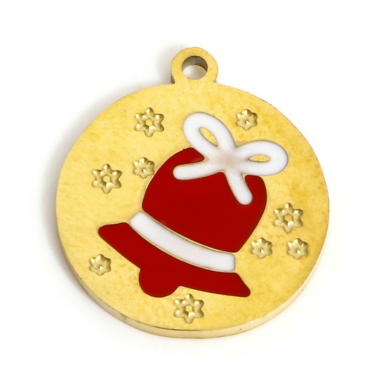 Picture of 1 Piece Eco-friendly Vacuum Plating 304 Stainless Steel Stylish Charms Gold Plated White & Red Round Christmas Jingle Bell Enamel 14mm x 12mm