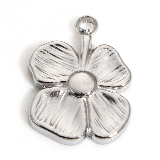 Picture of 1 Piece Eco-friendly Vacuum Plating 304 Stainless Steel Stylish Charms Silver Tone Flower 14.5mm x 10.5mm