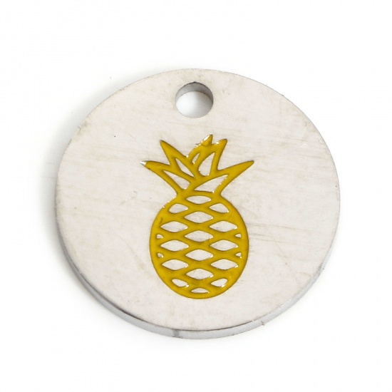 Picture of 1 Piece Eco-friendly Vacuum Plating 304 Stainless Steel Stylish Charms Silver Tone Yellow Round Pineapple Enamel 12mm x 12mm