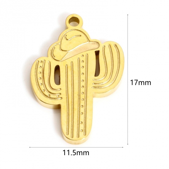 1 個 エコフレンドリー 真空メッキ 304ステンレス鋼 おしゃれ チャーム サボテン 金メッキ 帽子 17mm x 11.5mm の画像
