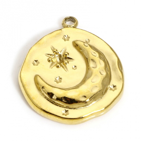 Picture of 1 Piece Eco-friendly Vacuum Plating 304 Stainless Steel Galaxy Charms Gold Plated Star Moon 18mm x 15.5mm