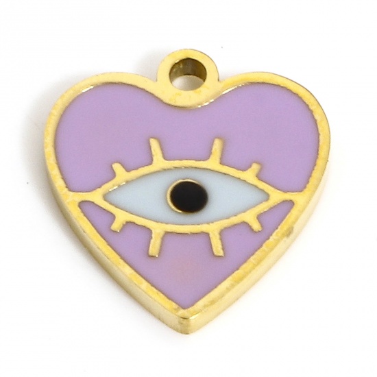 Picture of 1 Piece Eco-friendly Vacuum Plating 304 Stainless Steel Stylish Charms Gold Plated Purple Heart Evil Eye Enamel 11mm x 10mm