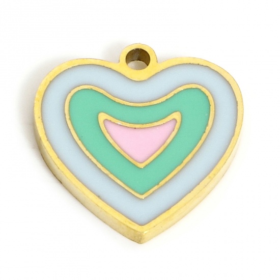 Picture of 1 Piece Eco-friendly Vacuum Plating 304 Stainless Steel Stylish Charms Gold Plated Multicolor Heart Enamel 10mm x 10mm