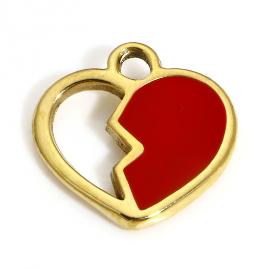 Picture of 1 Piece Eco-friendly Vacuum Plating 304 Stainless Steel Stylish Charms Gold Plated Red Broken Heart Enamel 14.5mm x 14.5mm