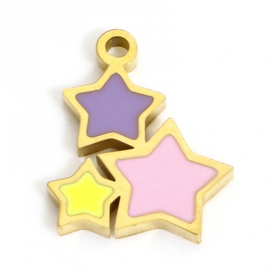 Picture of 1 Piece Eco-friendly Vacuum Plating 304 Stainless Steel Stylish Charms Gold Plated Multicolor Star Enamel 13mm x 10mm
