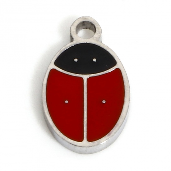 Picture of 1 Piece Eco-friendly 304 Stainless Steel Stylish Charms Silver Tone Black & Red Ladybug Animal Enamel 10mm x 6mm