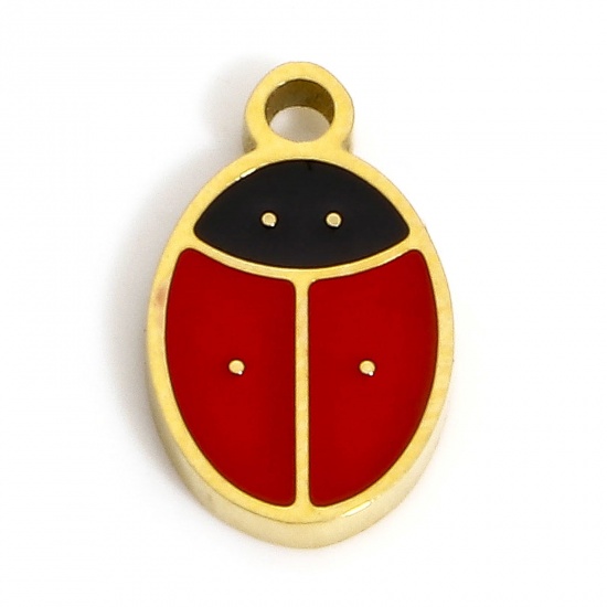 Picture of 1 Piece Eco-friendly Vacuum Plating 304 Stainless Steel Stylish Charms Gold Plated Black & Red Ladybug Animal Enamel 10mm x 6mm