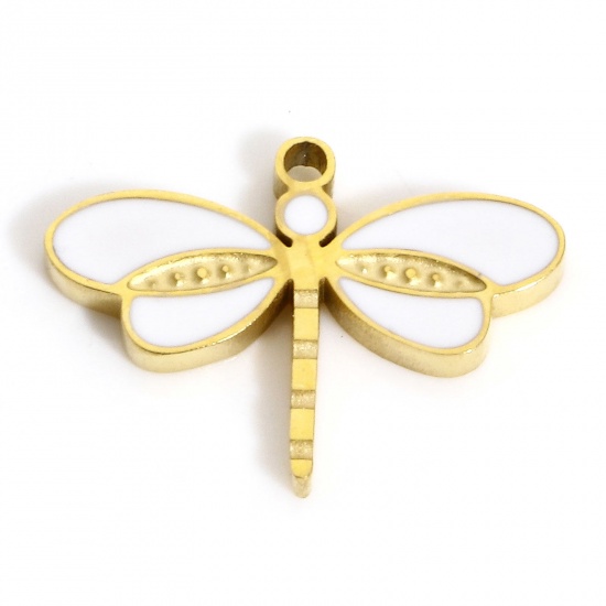 Picture of 1 Piece Eco-friendly Vacuum Plating 304 Stainless Steel Stylish Charms Gold Plated White Dragonfly Animal Enamel 16mm x 11.5mm