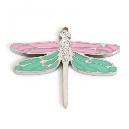 Picture of 1 Piece Eco-friendly Vacuum Plating 304 Stainless Steel Stylish Charms Silver Tone Multicolor Dragonfly Animal Enamel 15mm x 12mm