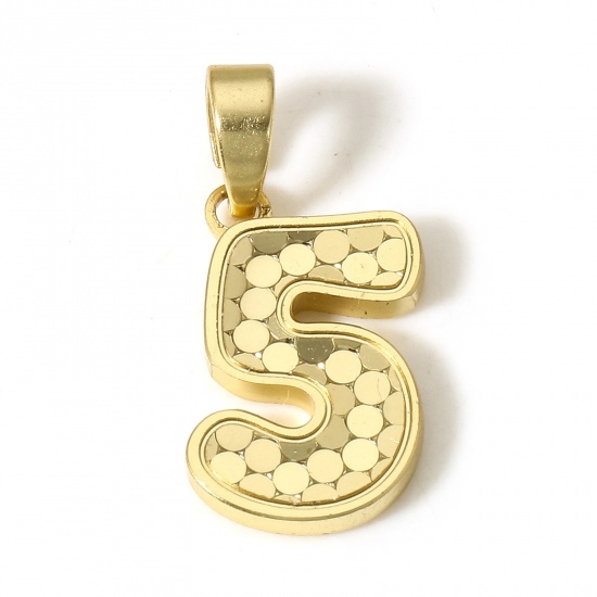 Immagine di 1 Pz Ottone Ciondoli Pendenti Numero 18K Vero Oro Placcato Squama Lettere " 5 " 20mm x 9mm