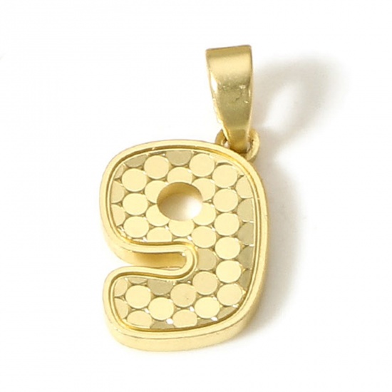 Immagine di 1 Pz Ottone Ciondoli Pendenti Numero 18K Vero Oro Placcato Squama Lettere " 9 " 18mm x 9mm