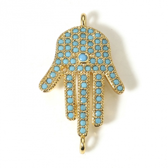 Picture of 1 Piece Brass Religious Connectors Charms Pendants Hamsa Symbol Hand 18K Real Gold Plated Micro Pave Blue Cubic Zirconia 28mm x 17mm                                                                                                                          