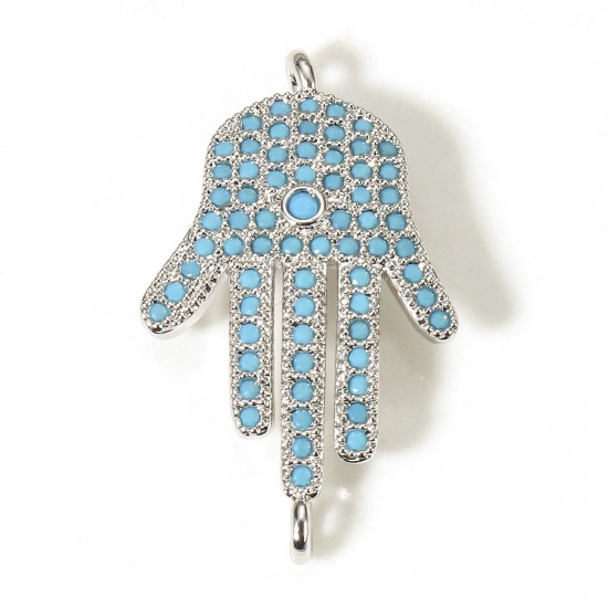 Picture of 1 Piece Brass Religious Connectors Charms Pendants Hamsa Symbol Hand Real Platinum Plated Micro Pave Blue Cubic Zirconia 28mm x 17mm                                                                                                                          