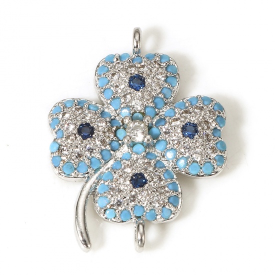 Picture of 1 Piece Brass Religious Connectors Charms Pendants Four Leaf Clover Real Platinum Plated Micro Pave Multicolour Cubic Zirconia 20.5mm x 15.5mm                                                                                                                