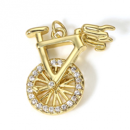 Picture of 1 Piece Brass Transport Charms 18K Real Gold Plated Bicycle 3D Clear Cubic Zirconia 24mm x 22mm                                                                                                                                                               