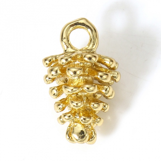 Picture of 1 Piece Brass Charms 18K Real Gold Plated Pine Cone 3D 13mm x 8mm                                                                                                                                                                                             