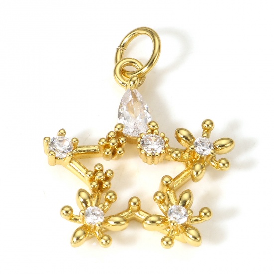Picture of 1 Piece Brass Galaxy Charms 18K Real Gold Plated Pentagram Star Hollow Clear Cubic Zirconia 23mm x 17mm                                                                                                                                                       