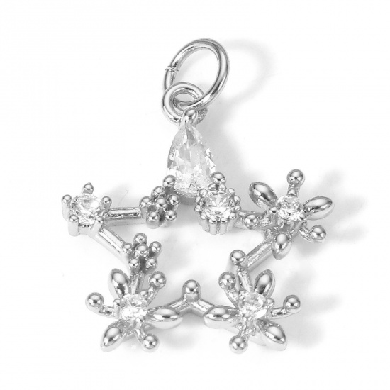 Picture of 1 Piece Brass Galaxy Charms Real Platinum Plated Pentagram Star Hollow Clear Cubic Zirconia 23mm x 17mm                                                                                                                                                       
