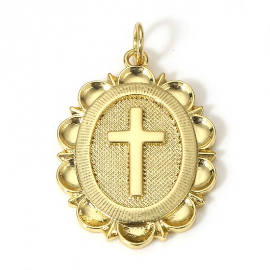 Picture of 1 Piece Brass Religious Charms 18K Real Gold Plated Oval Cross 29mm x 18mm                                                                                                                                                                                    