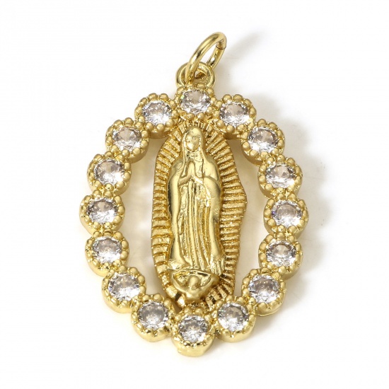 Picture of 1 Piece Brass Religious Charms 18K Real Gold Plated Oval Virgin Mary Hollow Clear Cubic Zirconia 29mm x 18mm                                                                                                                                                  