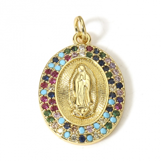 Picture of 1 Piece Brass Religious Charms 18K Real Gold Plated Oval Virgin Mary Micro Pave Multicolour Cubic Zirconia 26mm x 16mm                                                                                                                                        