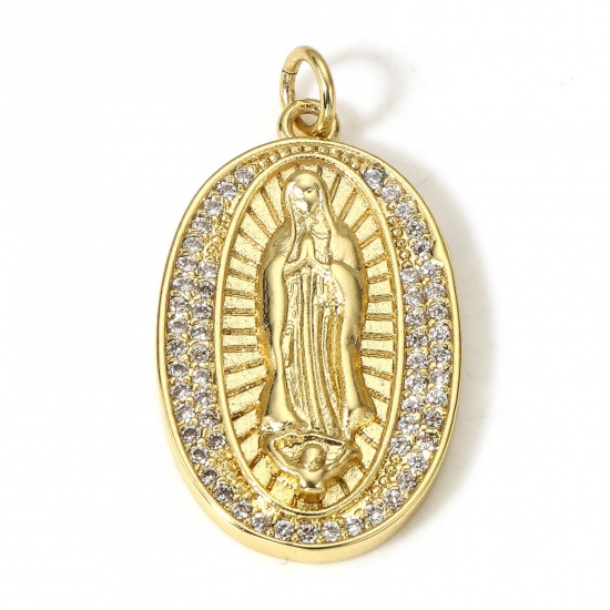 Picture of 1 Piece Brass Religious Pendants 18K Real Gold Plated Oval Virgin Mary Micro Pave Clear Cubic Zirconia 3cm x 1.6cm                                                                                                                                            