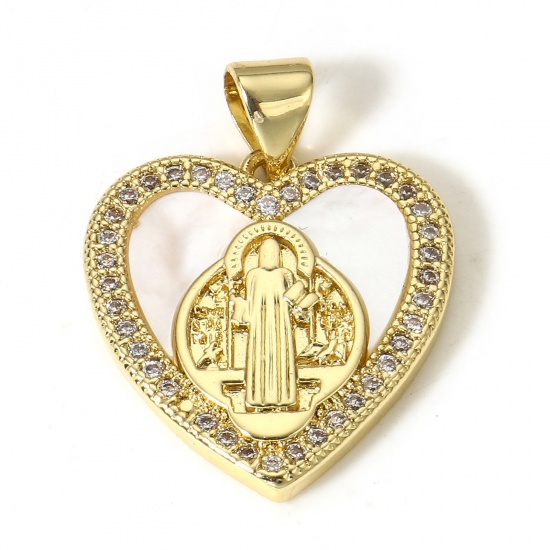 Picture of 1 Piece Brass Religious Charms 18K Real Gold Plated Heart Jesus Micro Pave Clear Cubic Zirconia 23mm x 18mm                                                                                                                                                   