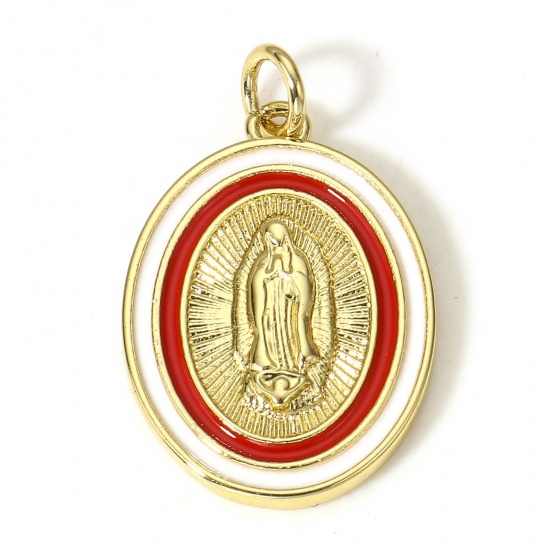 Picture of 1 Piece Brass Religious Charms 18K Real Gold Plated Oval Virgin Mary Enamel 26mm x 16mm                                                                                                                                                                       