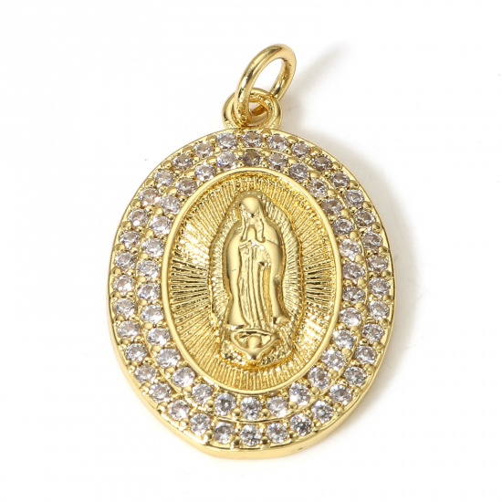 Picture of 1 Piece Brass Religious Charms 18K Real Gold Plated Oval Virgin Mary Micro Pave Clear Cubic Zirconia 26mm x 16mm                                                                                                                                              