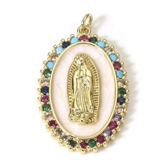 Picture of 1 Piece Brass Religious Pendants 18K Real Gold Plated Oval Virgin Mary Micro Pave Multicolour Cubic Zirconia 3.6cm x 2.1cm                                                                                                                                    