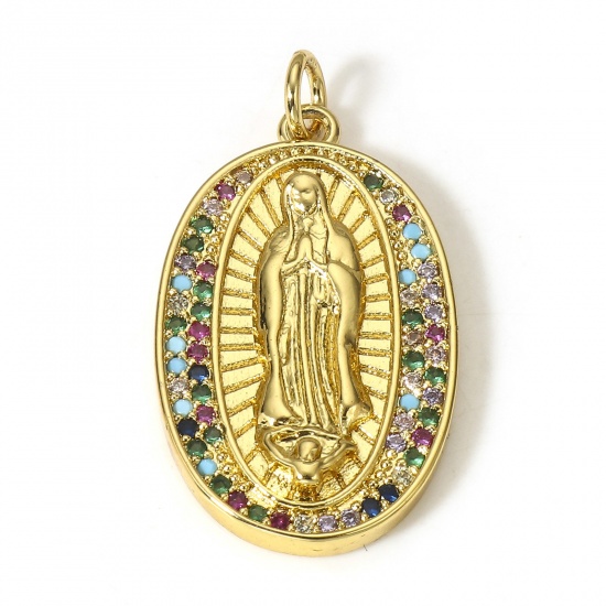 Picture of 1 Piece Brass Religious Charms 18K Real Gold Plated Oval Virgin Mary Micro Pave Multicolour Cubic Zirconia 3cm x 1.6cm                                                                                                                                        