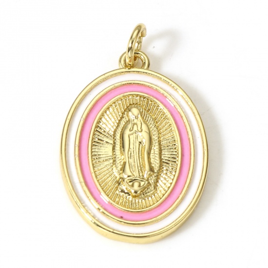 Picture of 1 Piece Brass Religious Charms 18K Real Gold Plated Oval Virgin Mary Enamel 26mm x 16mm                                                                                                                                                                       