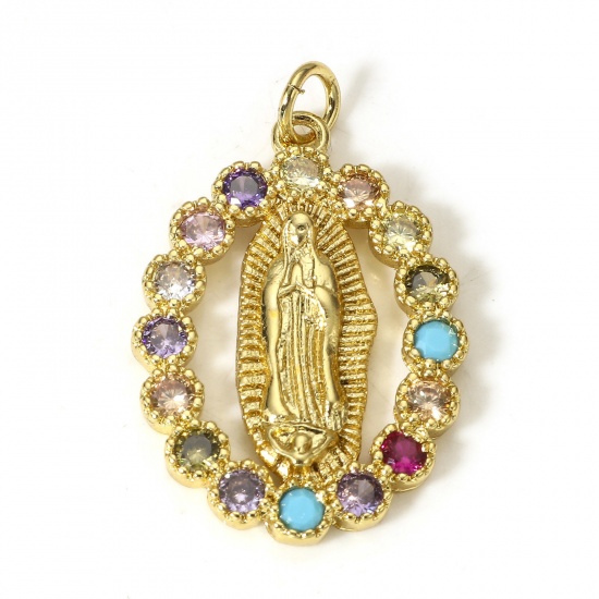 Picture of 1 Piece Brass Religious Charms 18K Real Gold Plated Oval Virgin Mary Hollow Multicolour Cubic Zirconia 29mm x 18mm                                                                                                                                            