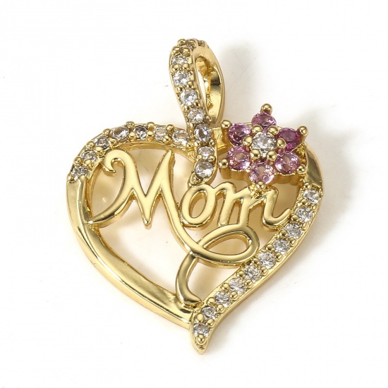 Picture of 1 Piece Brass Mother's Day Charms 18K Real Gold Plated Heart Message " Mom " Micro Pave Clear Cubic Zirconia 22.5mm x 17.5mm                                                                                                                                  