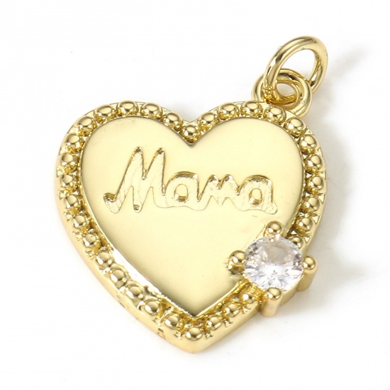 Picture of 1 Piece Brass Mother's Day Charms 18K Real Gold Plated Heart Message " Mama " Clear Cubic Zirconia 19mm x 14mm                                                                                                                                                