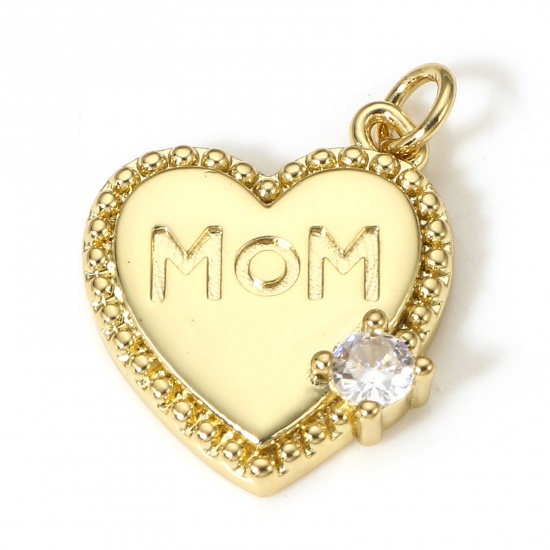 Picture of 1 Piece Brass Mother's Day Charms 18K Real Gold Plated Heart Message " Mom " Clear Cubic Zirconia 19mm x 14mm                                                                                                                                                 