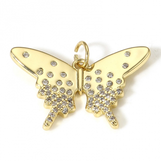 Picture of 1 Piece Brass Insect Charms 18K Real Gold Plated Butterfly Animal Micro Pave Clear Cubic Zirconia 25mm x 18mm                                                                                                                                                 
