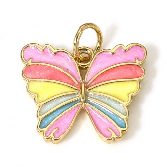 Picture of 1 Piece Brass Insect Charms 18K Real Gold Plated Multicolor Butterfly Animal Enamel 16mm x 16mm                                                                                                                                                               