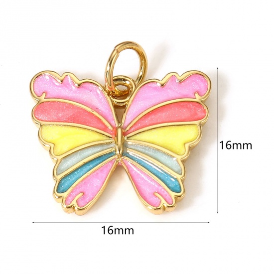 Image de 1 Pièce Breloques Insecte en Laiton Papillon Plaqué Or Véritable 18K Multicolore Émail 16mm x 16mm