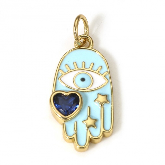 Picture of 1 Piece Brass Religious Charms 18K Real Gold Plated Blue Hamsa Symbol Hand Eye Enamel Blue Cubic Zirconia 23mm x 10mm                                                                                                                                         