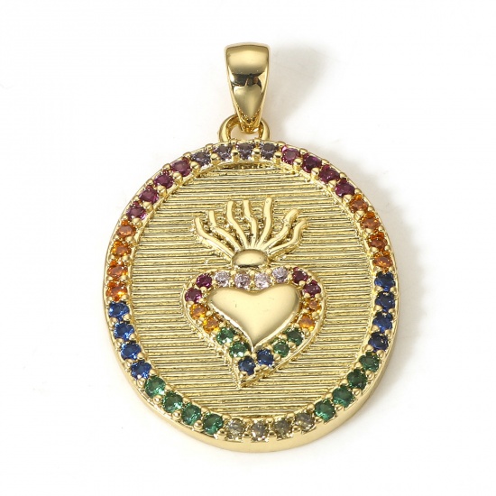 Immagine di 1 Pz Ottone Religione Ciondoli Pendenti Tondo 18K Vero Oro Placcato Ex Voto Cuore Micro Spianare Multicolore Cubic Zirconiae 27mm x 18mm