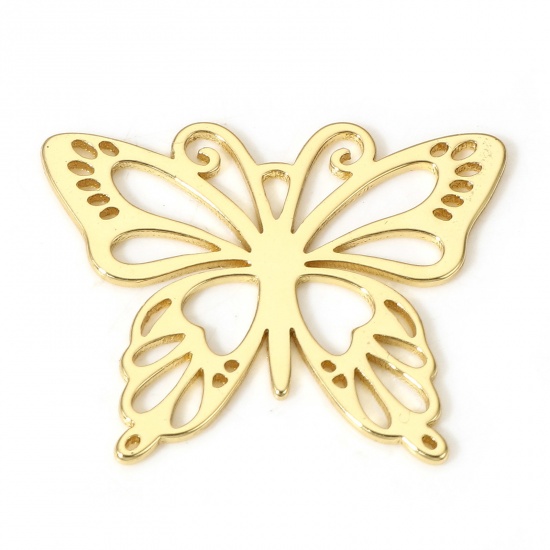 Picture of 1 Piece Brass Insect Charms 18K Real Gold Plated Butterfly Animal Hollow 26mm x 21mm                                                                                                                                                                          
