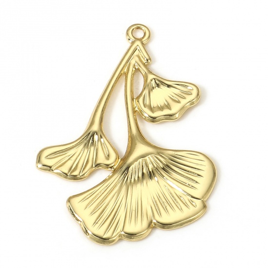 Picture of 1 Piece Brass Pendants 18K Real Gold Plated Gingko Leaf 3.2cm x 2.3cm                                                                                                                                                                                         