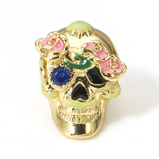 Picture of 1 Piece Brass Halloween European Style Large Hole Charm Beads 18K Real Gold Plated Multicolor Sugar Skull Flower 3D About 12mm x 9.5mm, Hole: Approx 4.2mm                                                                                                    