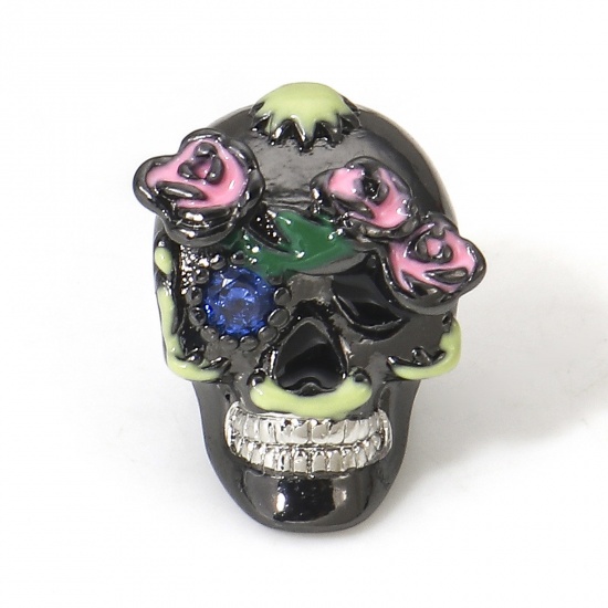 Picture of 1 Piece Brass Halloween European Style Large Hole Charm Beads Black Multicolor Sugar Skull Flower 3D About 12mm x 9.5mm, Hole: Approx 4.2mm                                                                                                                   