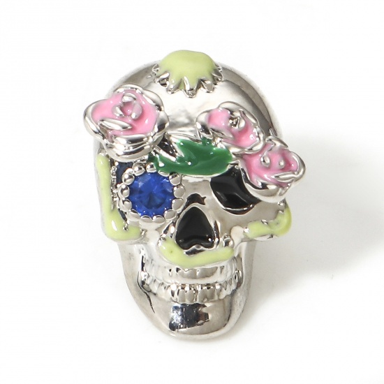 Picture of 1 Piece Brass Halloween European Style Large Hole Charm Beads Real Platinum Plated Multicolor Sugar Skull Flower 3D About 12mm x 9.5mm, Hole: Approx 4.2mm                                                                                                    