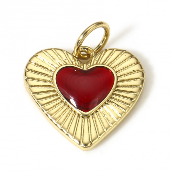 Picture of 1 Piece Copper Valentine's Day Charms 18K Real Gold Plated Red Heart Enamel 16.5mm x 13.5mm