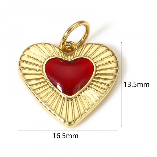 Picture of 1 Piece Brass Valentine's Day Charms 18K Real Gold Plated Red Heart Enamel 16.5mm x 13.5mm