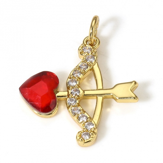 Picture of 1 Piece Copper Valentine's Day Charms 18K Real Gold Plated Cupid Arrow Micro Pave Clear & Red Cubic Zirconia 19mm x 16mm