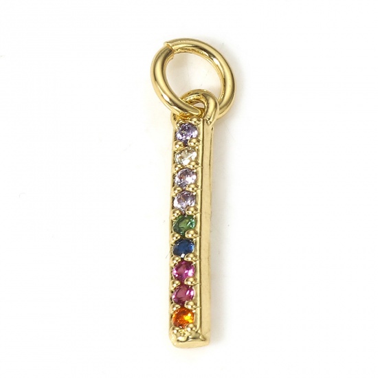 Picture of 1 Piece Copper Micro Pave Charms 18K Real Gold Plated Strip Micro Pave Multicolour Cubic Zirconia 19mm x 3mm